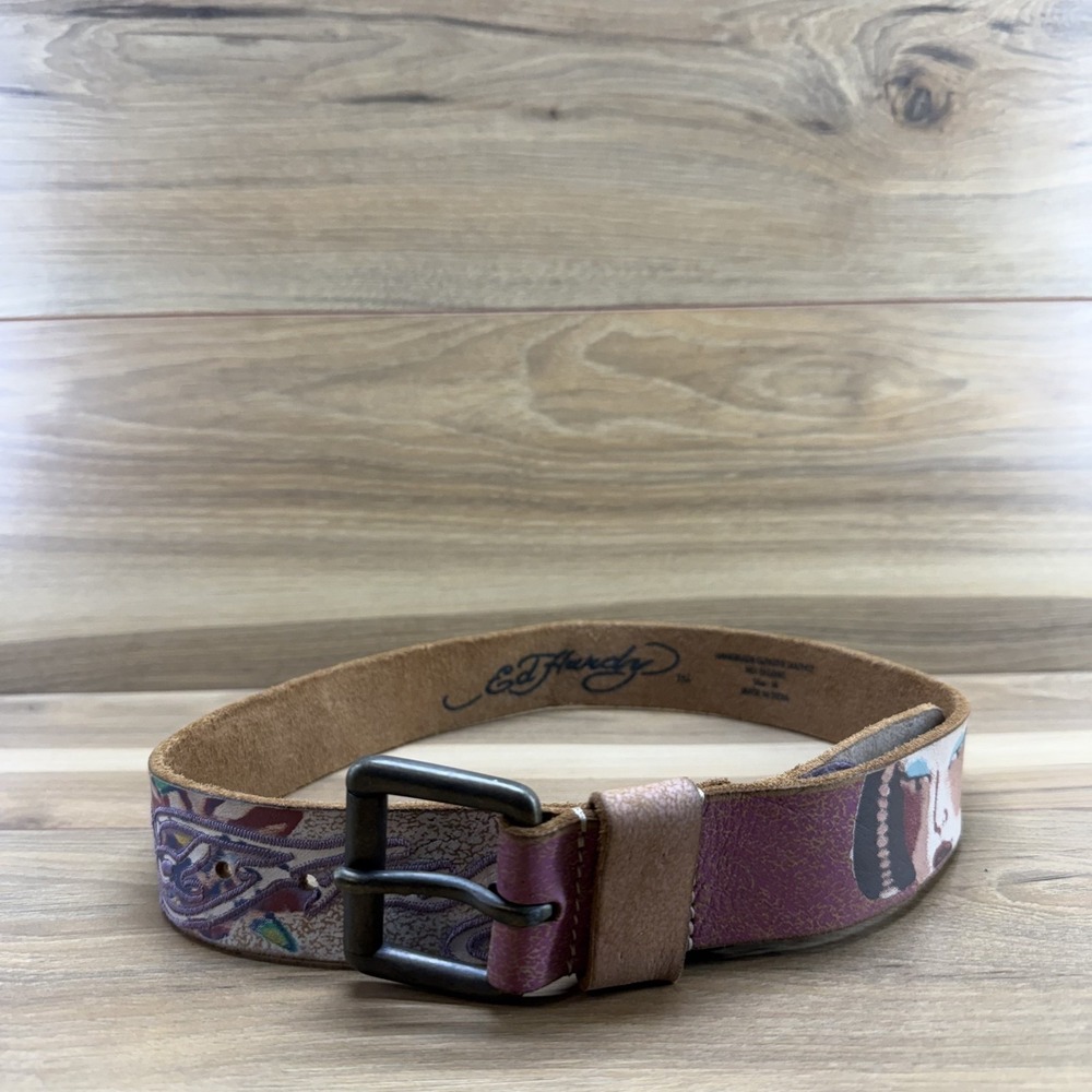 Ed Hardy Y2K Belt‎ Womens M Medium Pink Multi Asian Floral Casual